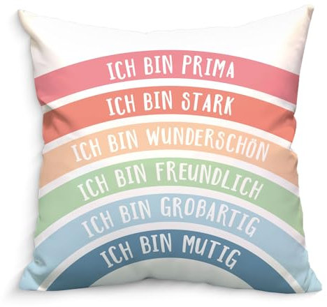 BETESSIN Geschenk Einschulung Mädchen - Boho-Regenbogen Kissenbezug mit Inspirierenden Sprüchen - Mutmacher Geschenke für Frauen - Schultüte Füllen Ideen zum Schulanfang - 45x45cm