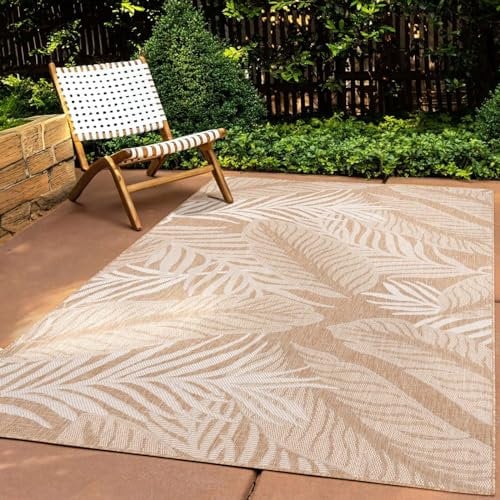 In & Outdoor Teppich Wetterfest Wohnzimmer Balkon Küchenteppich Terrassenteppich Flachgewebe Sisaloptik mit Muster blätter Natur beige 080x150 cm