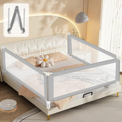 Fiqops Bettgitter Rausfallschutz Klappbar 150cm und 200cm,Bettschutzgitter faltbar Kinderbettgitter Reise,Nagelfreie Montage Fallschutz Bett für Kleinkinder Baby bettgitter,Grau