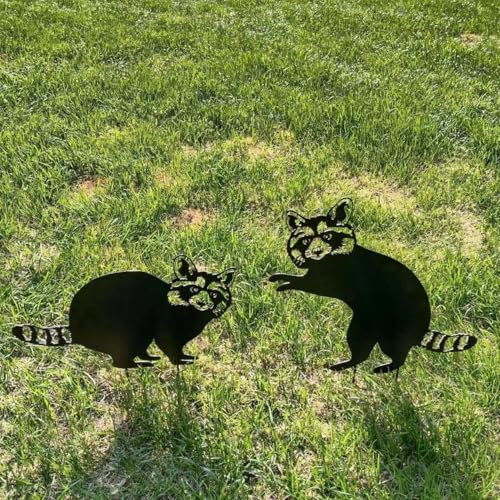 2 Stück Gartendeko Rost Waschbär,Garden Outdoor Statues Animal Stakes(Schwarzer Waschbär)