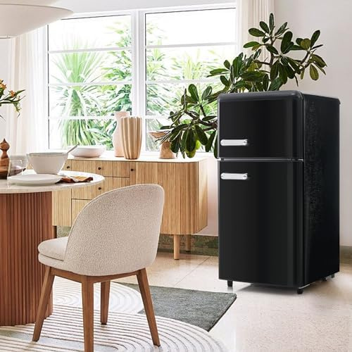 Merax Retro-Kühlschrank mit Gefrierfach, 72L Nutzinhalt, 21L Gefrierraum, LED-Beleuchtung, Verstellbare Füße, 120 kWh/Jahr, 45x44x89cm, Erhältlich in Schwarz [Energieklasse E]