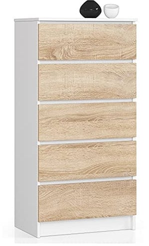 Home Collective Kommode in weiß-Sonoma mit 5 geräumigen Schubladen, 60 cm breit, 121 cm hoch Kommode Schlafzimmer Flur Wohnzimmer Organizer Kommode mit Schubladen Holz Highboard Sideboard Schrank