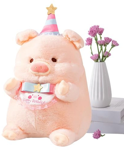 GkgWuxf Peluche dei cartoni animati, Peluche di maialini rosa - Peluche morbido e confortevole | Peluche cuscino giocattolo con striscione Buon compleanno per il compleanno, Pasqua, Natale