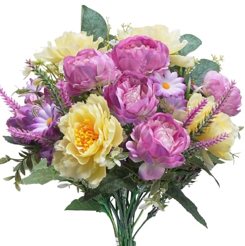 Zythrem Peony Artificial Flowers Fake Peonies Silk Spring Flowers Mix Lavender Daisy Bouquet Faux Plastic Daisy Flowers for Wedding Decor Table Centerpieces Home Office Grave Flower（Purple,Yellow）