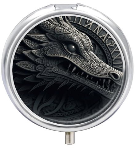 Pilulier rond sculpté avec 3 compartiments Motif dragon chinois Petit pilulier portable pour contenir des compléments alimentaires, vitamines, huile de poisson et médicaments