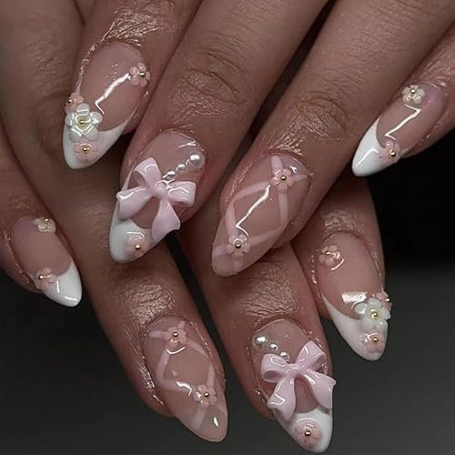 JUSTOTRY 24 Stück Weiß Nägel Zum Aufkleben Kurz,Pink Mandel Press on Nails mit Blumen und Schleife Muster,Glossy Oval Kunstnägel Fake Nails Mittel,French Fingernägel Künstliche Nägel für Frauen