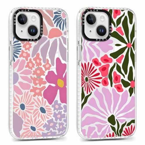 Phoona 2 packs Phone Case for iPhone 13 mini 5,4'', Cute Clear Transparent Cover with Flower Pattern Aesthetics Design, Soft Shockproof Protective Bumper Slim Funda for Women Girls