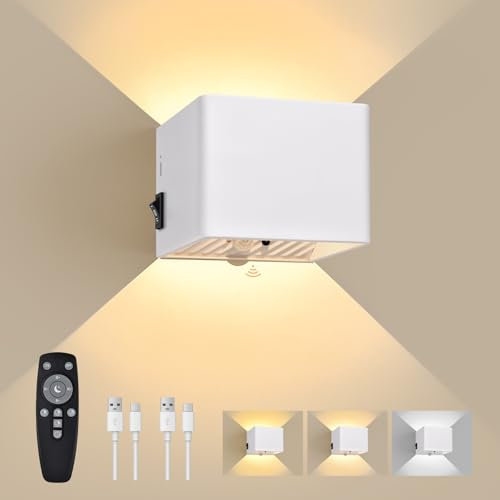 GeyouLux 6000mAh Akku Wandleuchte Innen mit Bewegungsmelder, Wandlampe mit Fernbedienung, 3 Modi 2700K-6500K Dimmbar Timer Moderne LED Aufladbare Wandleuchte für Treppe Flur Schlafzimmer Weiß 1 Stück