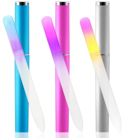 Grevosea Crystal Glass Nail File with Case, 3 Pack Glass Nail Files for Natural Nails Double Sided Fingernail Files Manicure Tool for Women Birthday Mother's Day Stocking Stuffers (B)