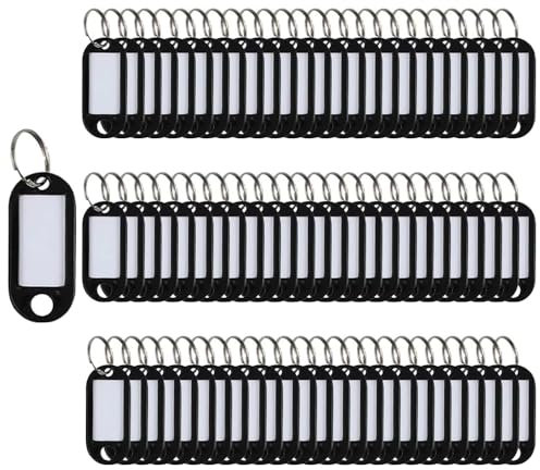 Lot de 100 porte-clés en plastique avec étiquettes d'identification pour bagages, nom (noir)