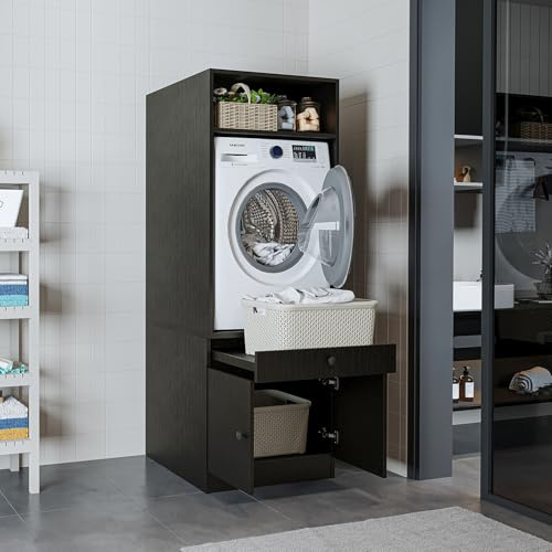 ROOMART Waschmaschinenschrank mit Ausziehplatte – platzsparend | Schwarz-Eiche, 1 Schrank - (184cm hoch), Ausziehbrett für Wäschekorb, E1-Melaminharzplatten, Feuchtigkeitsbeständig