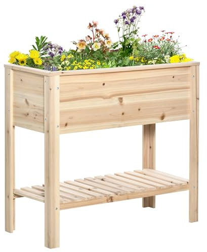 Outsunny Fioriera su gambe orto con ripiano a doghe, 90 x 40 x 81 cm, inserti per irrigazione, geotessile inclusi in legno massiccio