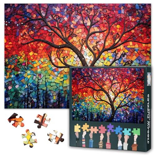 Vibrant Tree 1000 Pieces Jigsaw Puzzle for Adults, Stained Glass Jigsaw Puzzles, Tree of Life Puzzles Educational Fun Games or Toys for Elders Friends，Impossible Puzzle for Adults 20X27 INCH