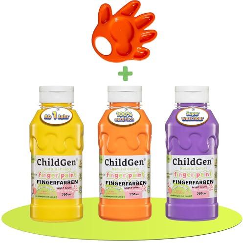 ChildGen Lot de 3 peintures au doigt non toxiques - Couleurs bio pour bébé - Non toxiques - 350 ml - Peinture pour les mains et les enfants à partir de 1 an - Orange/jaune/violet