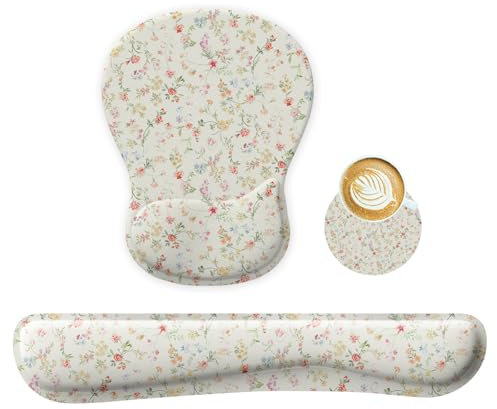 WINTOJO Handgelenkauflage Unterstützung für Mauspad Tastatur Set Kreis Untersetzer Gaming Mauspad Ergonomisches Gel Memory Foam Set für Computer, Laptop, Büro, Schmerzlinderung, bequemes Tippen Blumen