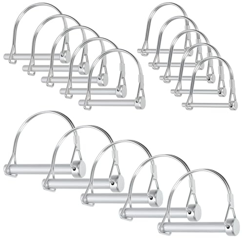 Swpeet 15Pcs 3Sizes 3/16 1/4 2/5 D-shaped Carbon Steel Trailer Coupler Pin Assortment Kit, Zinc Plated Heavy Duty Wire Lock Pin, PTO Shaft Hitch Pin for Farm Trailers, Towing, Lawn Equipment