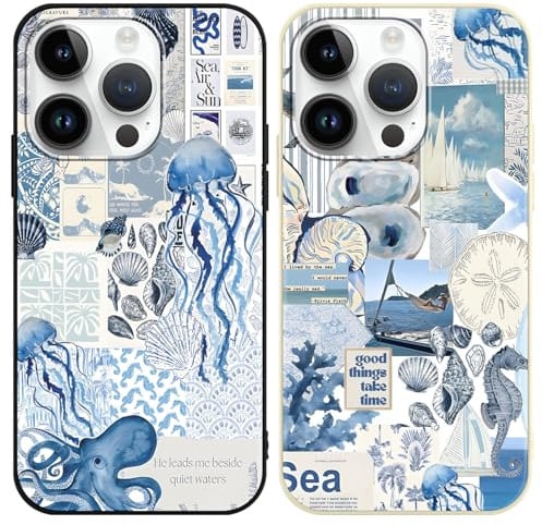 Vxinvnoi 2 x Handyhülle für iPhone 15 Pro Max Hülle, Collage Motiv Aesthetic Meer Bunt Sommer Muster Mädchen Case, Weich Silikon TPU Stoßfeste Kratzfest Schutzhülle für iPhone 15 Pro Max 6,7, Blau