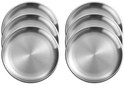 XIAOYU Juego de 6 platos de acero inoxidable para cena, de 8,07 pulgadas, de metal, aptos para lavavajillas, para el hogar, picnic y camping al aire libre, Plata