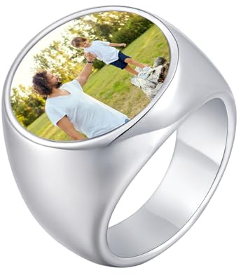 Herren Siegelring Personalisierbar mit Farbbild - Edelstahl Ring Gravur Individuell für Männer Jungen, Silber Personalized Fotogravur mit Runde/Eckige Platte, Ehering Verlobungsring Zeitloses Geschenk