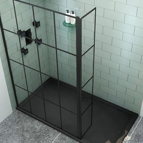 Milan Matt Black Grid 300mm Walk in Wet Room Flipper Panel for Shower Screen 8mm Easy Clean Safety Tempered Glass - 1850mm Tall