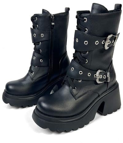 FOREADA Gothic-Stiefel mit klobigem Absatz für Damen, knöchelhoch, schwarz, Plateau-Stiefel, Schnalle, Nieten, Punk, Gothic, Schuhe mit Reißverschluss