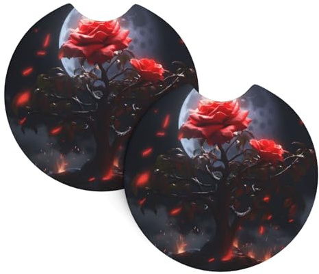 Mexpekil Lot de 2 dessous de verre de voiture pour porte-gobelets avec base en caoutchouc antidérapante, rose, arbre magique, lune, dessous de verre absorbant pour boissons, accessoires de voiture