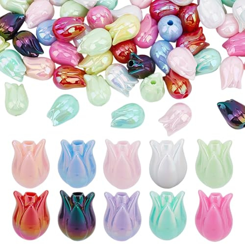 CRAFTYMELODY 100 Stück 8 Farben Acryl Tulpenperlen Bunt Schillernde Tulpenblumenperlen Tulpenform Undurchsichtige Lose Abstandsperlen Blumenperle