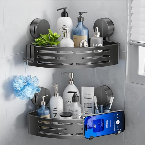 ONXE Duschregal mit Saugnapf, kein Bohren, Eck-Duschregale, strapazierfähig, Dusch-Organizer mit Haken, rostfrei, wasserdicht, Raum-Aluminium, Badezimmer-Aufbewahrung, Wohnaccessoires, Dekoration