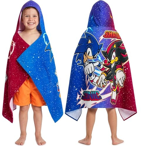 Sonic THE Hedgehog Badeponcho Kinder mit Kapuze 125x75cm, 100% Baumwolle Kapuzenhandtuch Jungen, Sommer Kapuze Handtücher, Badetuch Poncho für Strand Pool, Geschenke für Kinder (Multi Sonic)