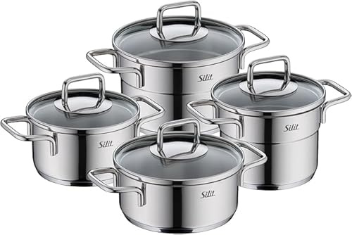 Silit Extra Cook Kochgeschirr-Set 4-teilig, Kochtöpfe 12/14 cm mit Glasdeckel, Innenskalierung, breiter Schüttrand, Crominox-Edelstahl, kleine Portionen, platzsparend stapelbar, tropffrei