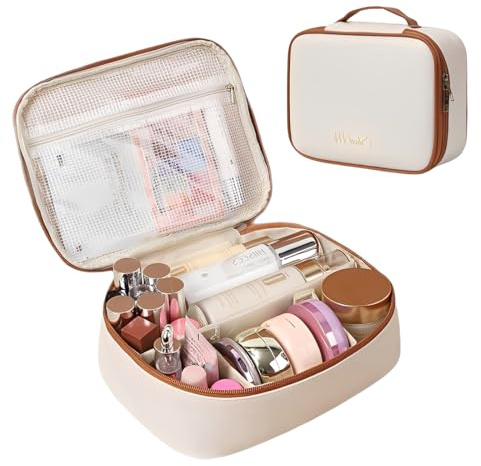 VEOIRXU Beauty Case da Viaggio Donna Porta Trucchi da Viaggio Organizer Con Tasca per Pennelli e Divisorio Trousse Trucchi per Cosmetici in Pelle di PU Impermeabile Pochette Trucchi (Bianco)