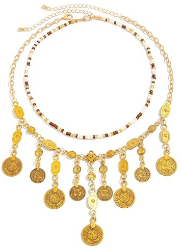 QINQINZIJIN Boho Kette, Boho Mehrschichtige Halskette, Halskettes mit Münzanhänger Gold, Bohos-Stil Perlenkette, Geschenke für Damen und Mädchen (A)