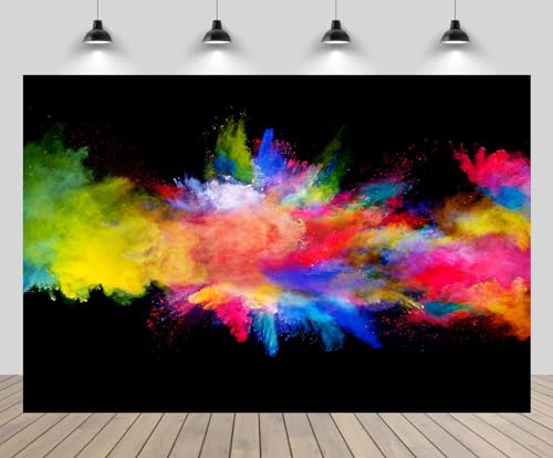 CHNBGPRO 2.1x1.5m Colorful Paint Splash Backdrop for Photography Abstract Painting Powder Explosion Black Background Rainbow Art Paint Party Birthday Supplies Photoshoot Studio Portrait Props