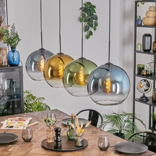 HOFSTEIN Hängeleuchte Koyoto, 4-flammige Hängelampe aus Metall/Glas in Schwarz/Blau/Grün/Gold/Klar, moderne Pendelleuchte im Retro/Vintage-Design (Schirme Ø 30 cm), E27, Esszimmer, Küche, Wohnzimmer