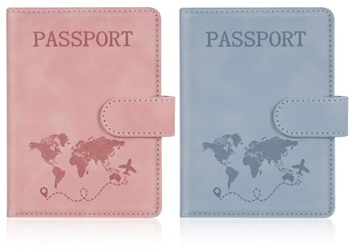 AOOTE Reisepasshülle Passport, 2 Stück Reisepasshülle Organizer mit RFID-Schutz, PU-Leder, Reisepass Organizer für Reisepass, Tickets, Bordkarten, Kreditkarten und Visitenkarten(Rosa&Hellblau)