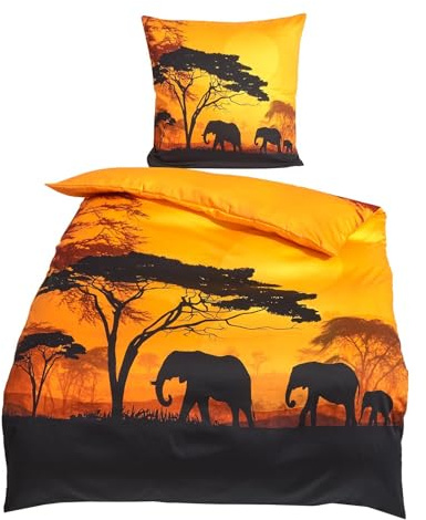 Traumschlaf Mako Satin Bettwäsche Afrika aus Baumwolle - seidig glatter Ganzjahreskomfort mit Elefantenmotiv bei Sonnenuntergang - 155x220 cm + 80x80 cm