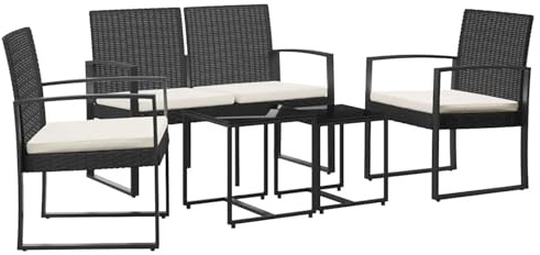 HOMELEN 5-teilige Garten-Essgruppe mit Kissen Schwarz PP-Rattan wetterfest Gartenmöbel für Terrasse Balkon Garten mit hochwertigem Glas- und Stahltisch sowie bequemen gepolsterten Stühlen
