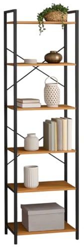 Begryf Badregal Standregal 66 x 30 x 186 cm, 6 Ablagen, Metallgestell Schwarz, Ablagen in Eichefarben, schmales Regal für Bad Waschküche und Haushalt