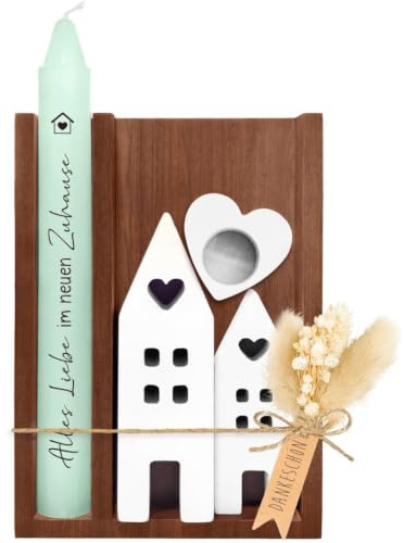 Einweihungsgeschenk Haus Wohnung, Holzbox mit Kerze und Kerzenhalter, Trockenblumen und 2 Deko Häusern, Einzugsgeschenk, Geschenk zur Hauseinweihung