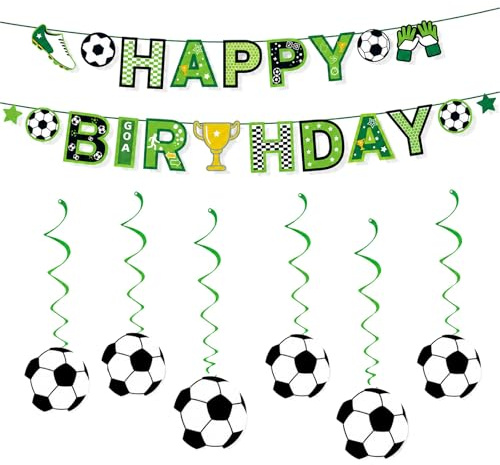 Simsky Fussball Deko Geburtstag Kinder, Fußball Party Geburtstagsdeko Set mit Happy Birthday Girlande, Banner und Spiralen, Sportliche Partydekorationen für Jungen und Fußballfans