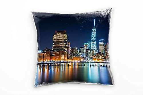 Paul Sinus Art City, New York, Manhattan, Nacht, blau, orange Deko Kissen 40x40cm für Couch Sofa Lounge Zierkissen - Dekoration zum Wohlfühlen