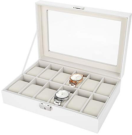 Uhren Aufbewahrung, Premium Uhrvitrinen mit 12 Fächern, gerahmter Glasdeckel, sichere Aufbewahrungsbox Metallverschlüsse für Herren und Damen