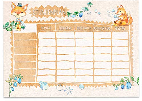 Papierdrachen Stundenplan DIN A4 Block - Motiv Fuchs - beschreibbar und ideal als Geschenk für Schule oder Uni - Terminkalender und Wochenplan für Kinder