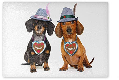 Schneidebrett/Glasschneidebrett 20x28x0,4cm - Motiv: Dackel mit Hut und Lebkuchenherz | 01