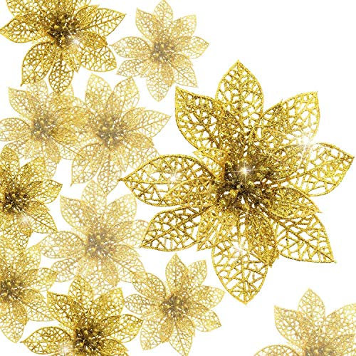 KAHEIGN 30 Pz Stella di Natale Glitterata 7.5/10 /15 Cm Ornamento per albero di Natale, Decorazione Fiori per Ghirlande (Oro)