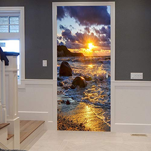 A.Monamour Türtapete Selbstklebend Türfolie Türposter 3D Ozean Meer Strand Sonnenuntergang Bewölkter Stein Felsen Wasser Wellen Vinyl Folie Türdeko Tapete Wandbild Türaufkleber Türtattoo 90 x 200 cm