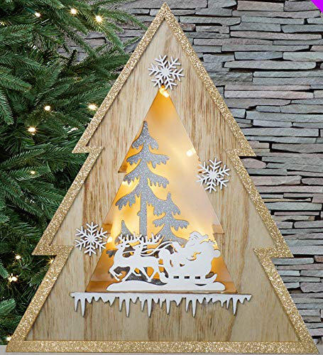 Art Mural en Bois en Forme d'étoile en Bois avec Paillettes d'or, Arbre de Noël à LED, traîneau et Flocons de Neige 32 cm de Hauteur