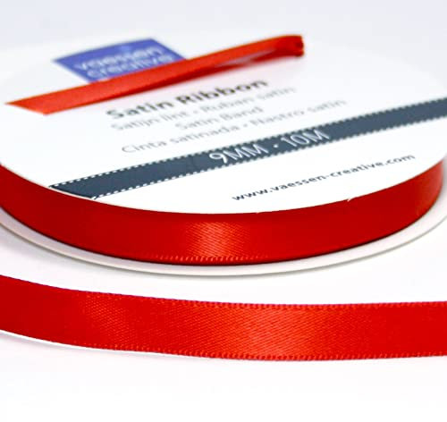 Vaessen Creative Satinband, Rot, Mohnrot, 9 mm x 10 m Doppelsatinband, Schleifenband, Dekoband, Geschenkband, Stoffband für Hochzeit, Taufe und Geburtstagsgeschenke