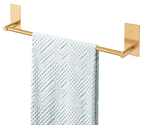 Songtec Toallero dorado de 16 pulgadas, soporte adhesivo para toallas de baño, sin taladro, soporte de toalla de cinta de fuerte adherencia, acero inoxidable, oro cepillado