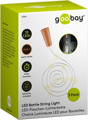 goobay 57866 3 x 10 LED Flaschenlichterkette, Flaschenlicht - Zum Einlegen in Flaschen, Timerfunktion/Zeitschalter, mit Batterien im Korken, 1m, Transparent, Klar